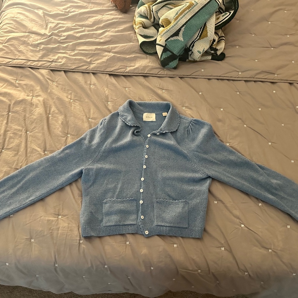 Doen Sky Blue Cashmere Button Front Collared Cardigan Size Small - Picture 2 of 5